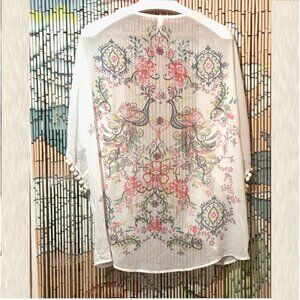 XHILIRATION Folk-Art Print Chiffon Kimono with Poms, White/Multicolor, L/XL